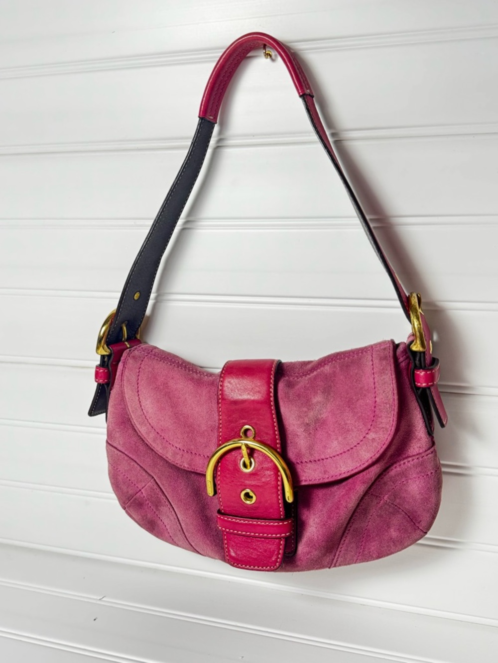 Coach Pink Suede Saddle Shoulder Bag with Gold Buckle and Pink Leather Strap - Picture 2 of 11